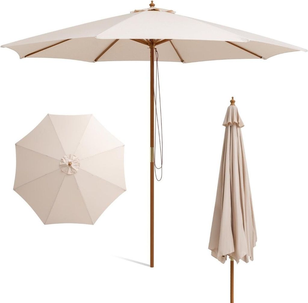 300 cm großer Sonnenschirm aus Holz Tischschirm mit 8 Bambusrippen 300 x 300 x 262 cm Beige