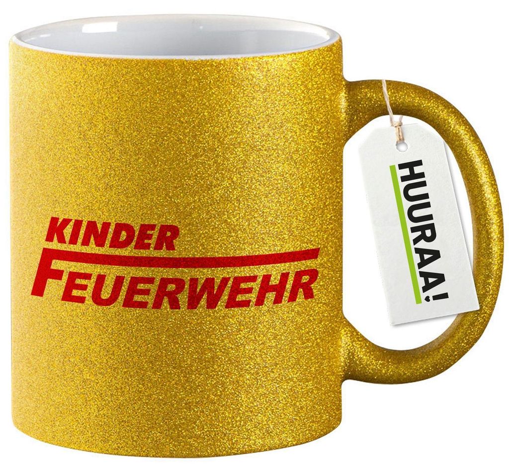 Huuraa Glitzertasse Kinder Feuerwehr Schriftzug 330ml Gold Keramik Kaffeebecher Geschenkidee