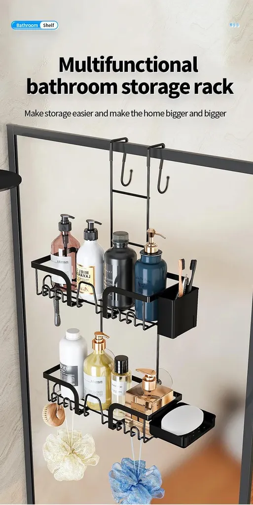 Rangement douche noir en métal sans perçage avec écoulement d'eau - 7