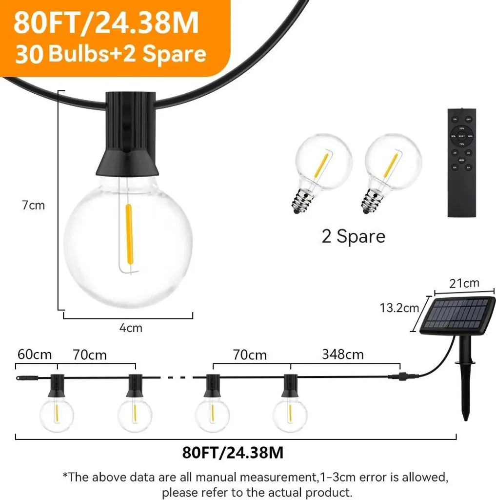 Luci solari per esterni, design infrangibile, funzione di controllo remoto, G40 80FT 30LED - 2