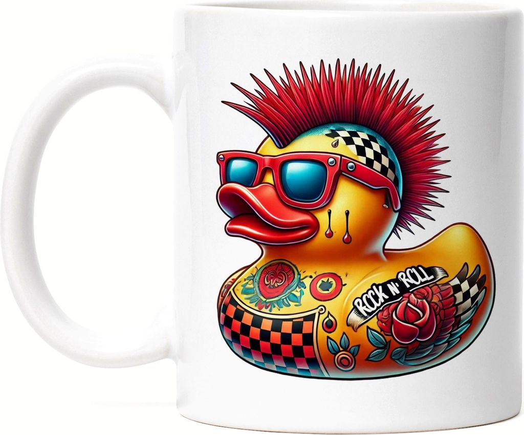 Rock N Roll Ente Tasse weiß Punk Rock Ente Tattoo Mohawk Retro