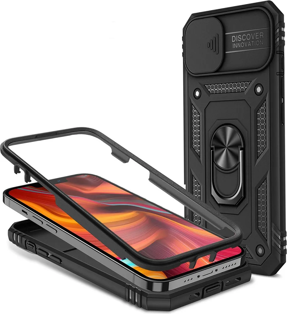 NALIA Custodia ad anello in stile militare per iPhone 13, estremamente protettiva con cornice del display e copertura della fotocamera, nero