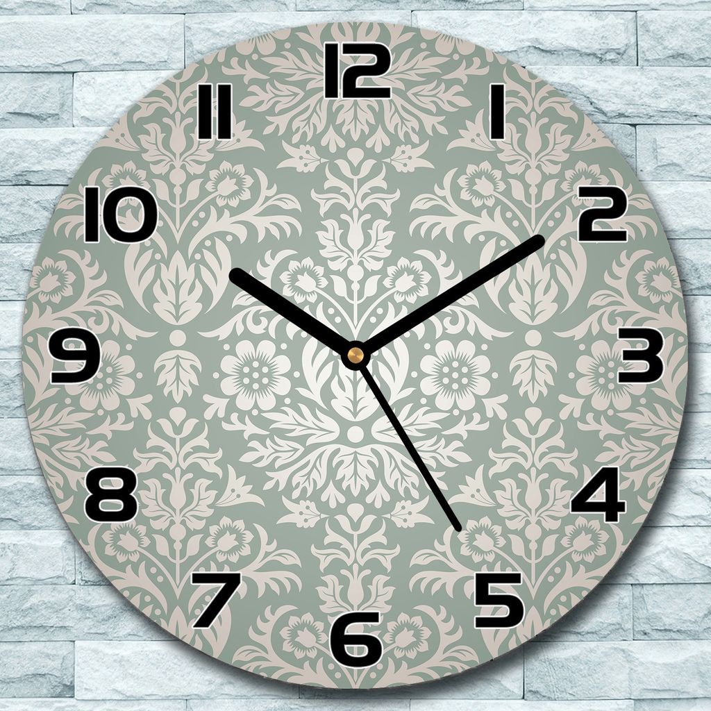 Wanduhr aus Glas Rund fi 30 Damast Floral grün Quarz Deko Schlafzimmer Büro