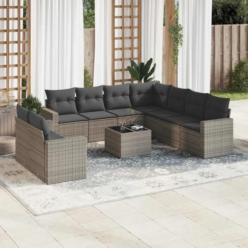 Design 10-tlg. Garten-Sofagarnitur mit Kissen Grau Poly Rattan, Gartensofas 2024 Neu