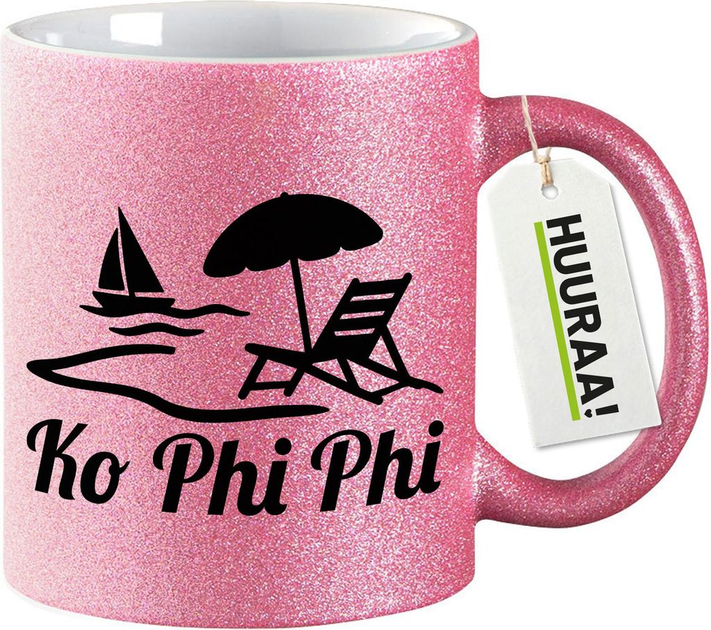 Huuraa Glitzertasse Ko Phi Phi Inselmotiv Thailand 330ml Pink Keramik Kaffeebecher Geschenkidee