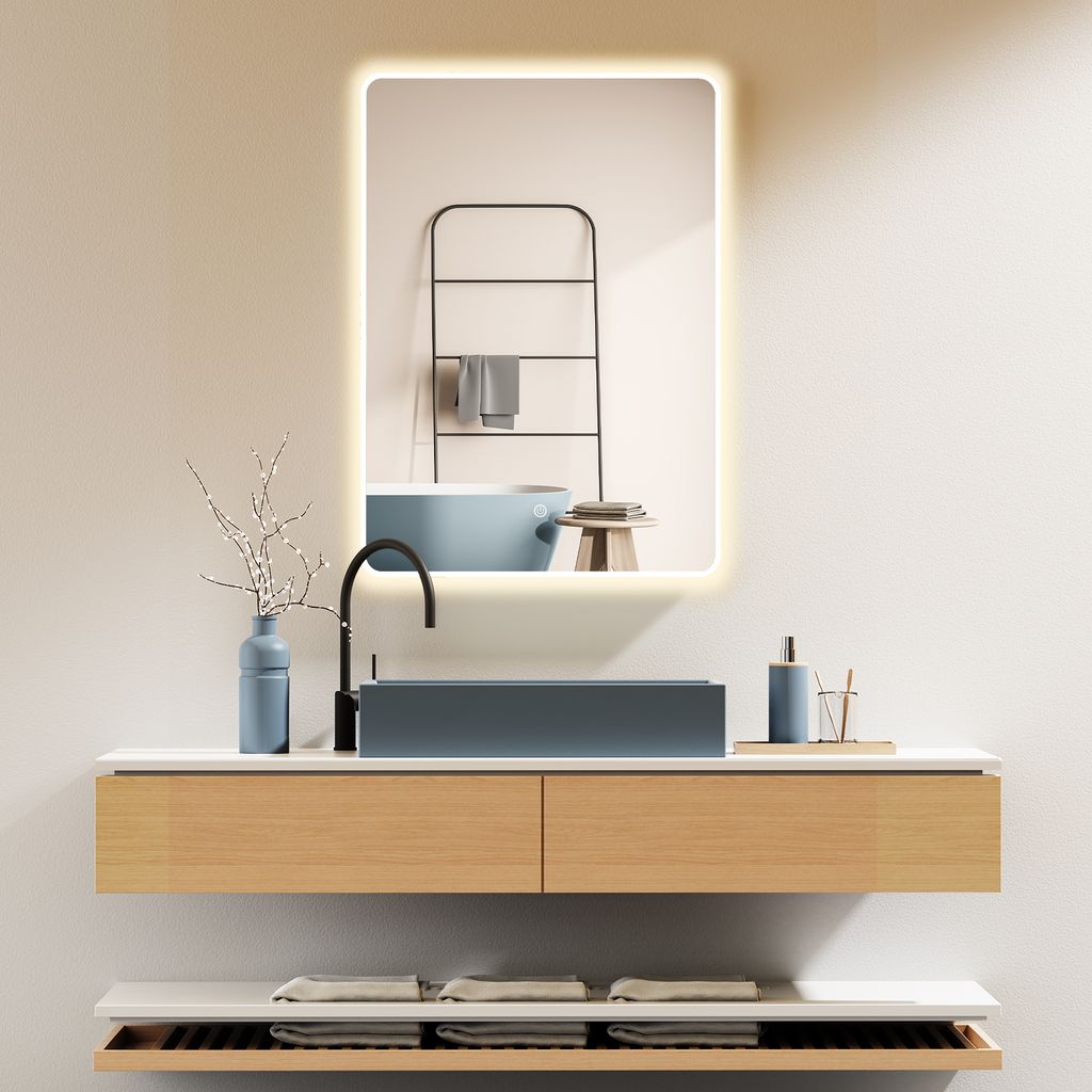 HOKO Badspiegel 70x100cm mit Rahmen+Touch Schalter+Licht Wechsel Warmweiß-Kaltweiß-Neutral Licht mit Touch Schalter und mit Wandschalter einschal...