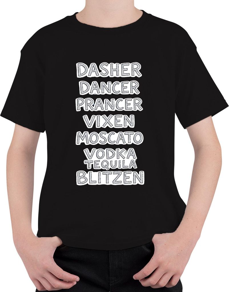 Dasher Dancer Prancer Vixen Moscato Vodka Geschenk Lustig Party Uni Kinder T-Shirt, Schwarz, 104