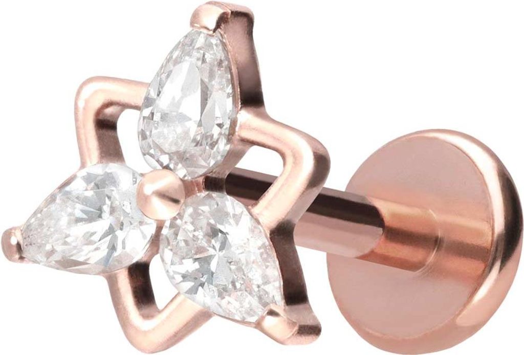 Ohrpiercing, Nasenpiercing Titan Labret mit Push Fit KRISTALLBLUME RoséGold Stablänge: 9mm | Stabstärke: 1mm