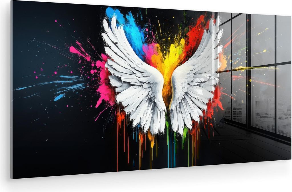 MuchoWow Glasbilder - Bilder auf Wandbild - Foto auf Glas Flügel - Farbspritzer - Farbenfroh 120x60 cm Wanddekoration aus Glas - Acrylglasbild - A...