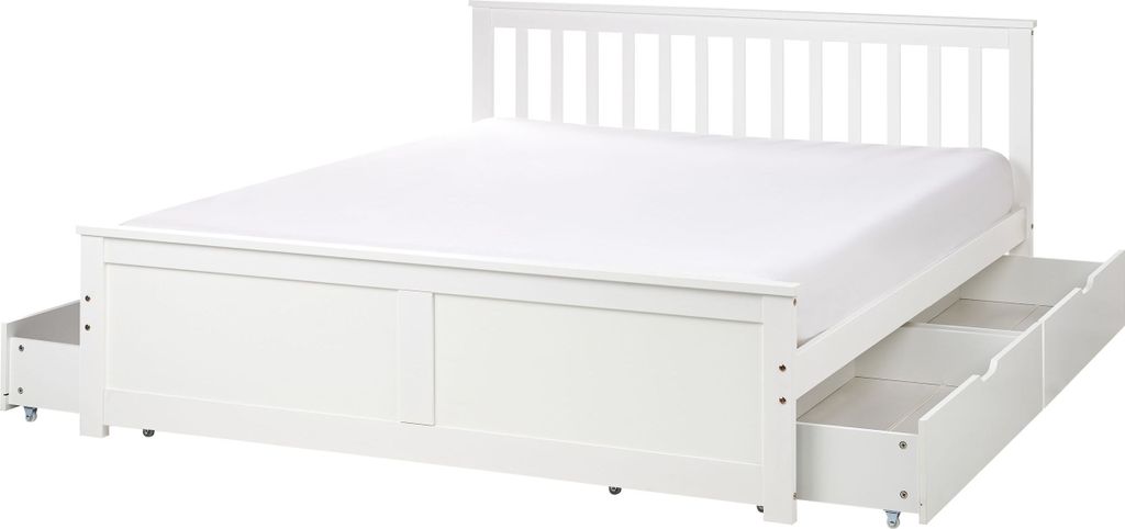 BELIANI Doppelbett Weiß Kiefernholz mit Lattenrost 160 x 200 cm 4 Schubladen Fußteil Hohes Kopfteil Schlicht Modern Skandi Design Schlafzimmer Ho...