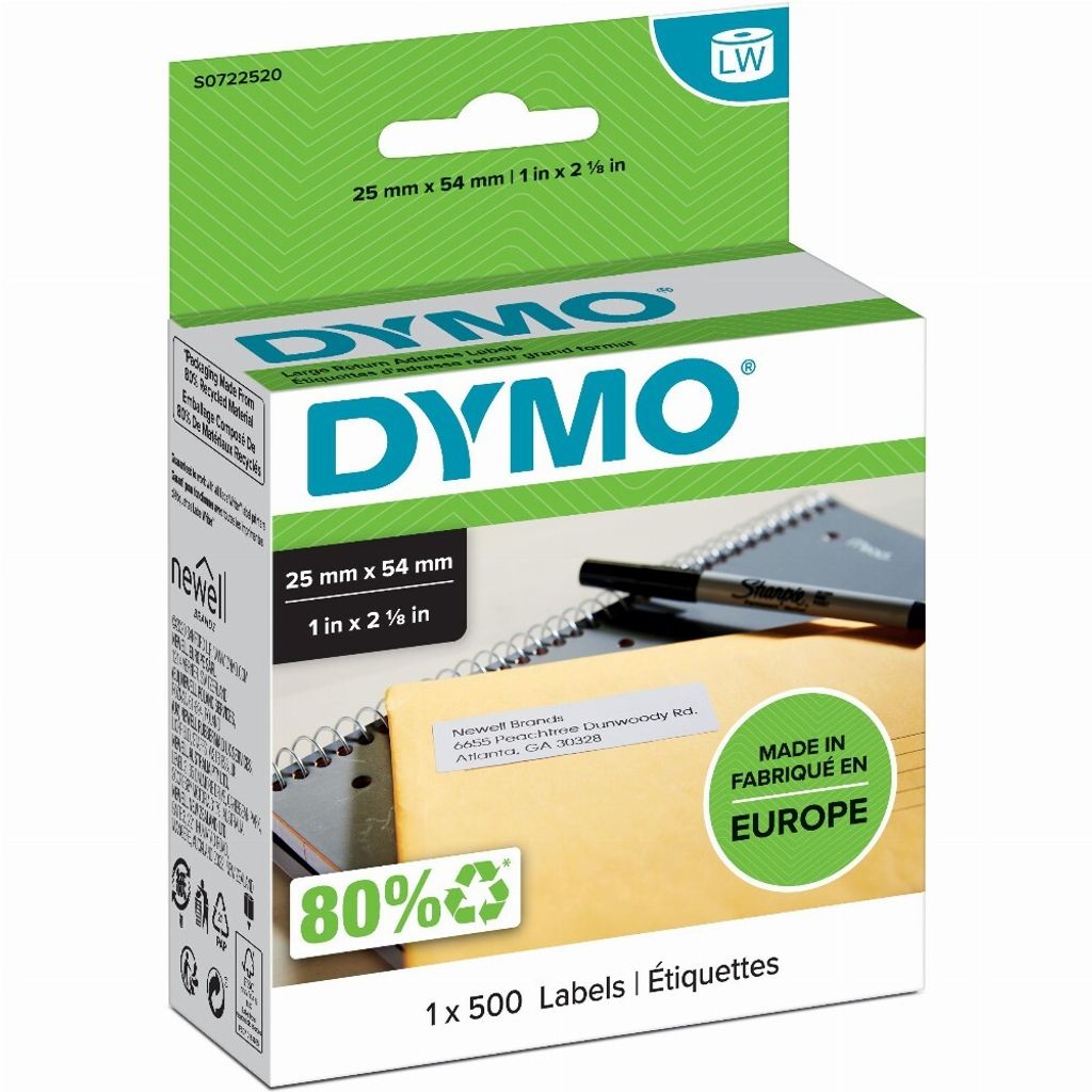 DYMO Original LabelWriter Rücksendeadressetiketten | 25 mm x 54 mm | Rolle mit 500 leicht ablösbaren Etiketten | selbstklebend | Beschriftungsger...