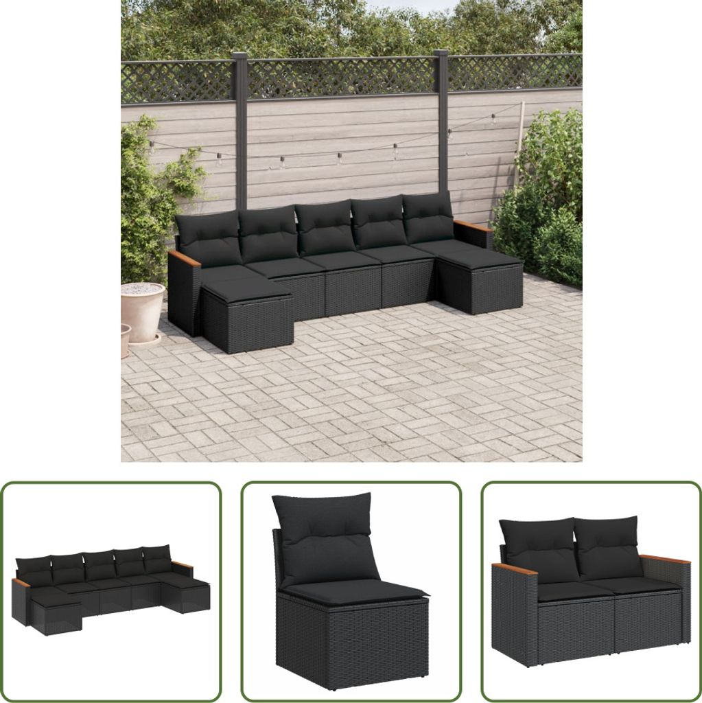 The Living Store 7-tlg. Garten-Sofagarnitur mit Kissen Schwarz Poly Rattan