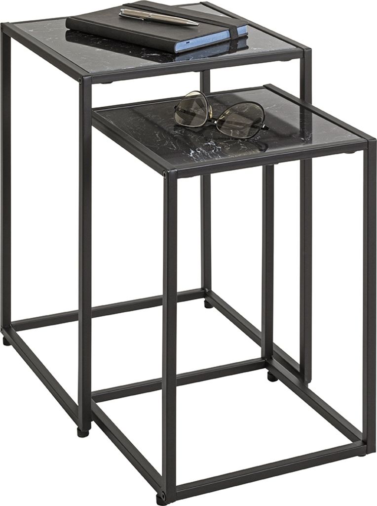 Satztisch >55584< (2-teilig) schwarz Kunstmarmor, Metall - 33x50x33 / 28x43x28 (BxHxT)