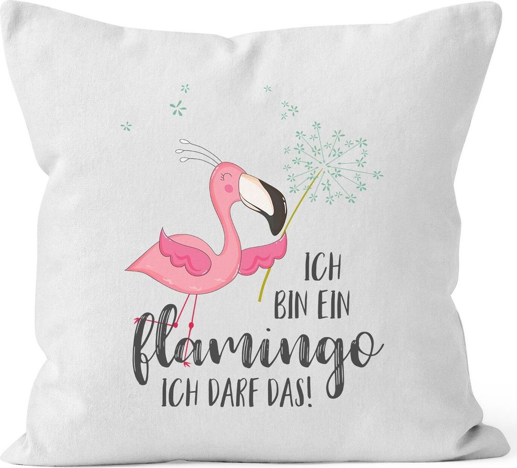 Kissen-Bezug Flamingo Ich bin ein Flamingo ich darf das Spruch Pusteblume Kissen-Hülle Deko-Kissen Baumwolle MoonWorks weiß-grau unisize