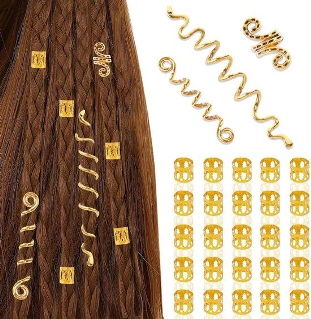 Barrettes en spirale et anneaux métalliques dorés pour tresses - 53 pcs