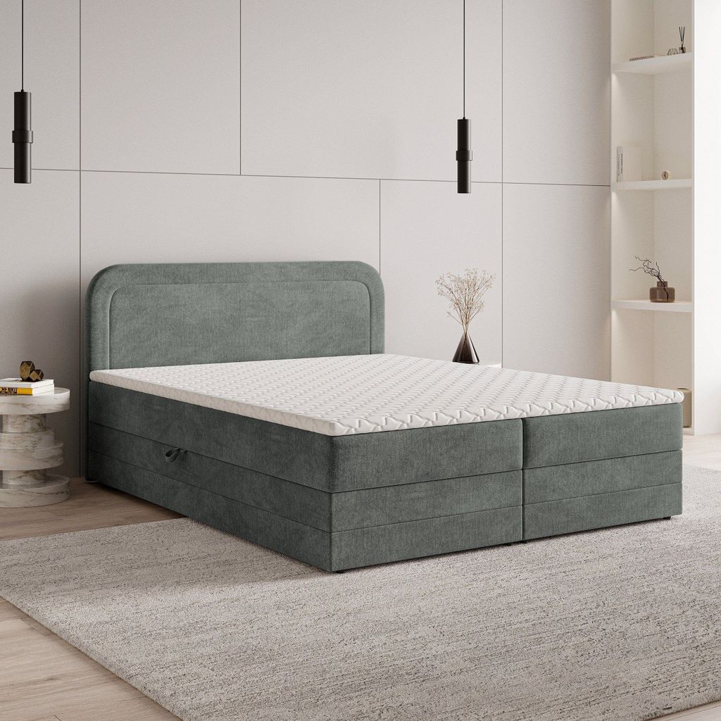 Masseno Boxspringbett ARMEL 180x200 cm Komplett-Set mit Bonell Matratze und Topper, Polsterbett mit Bettkästen -Grau, MONOLITH 85