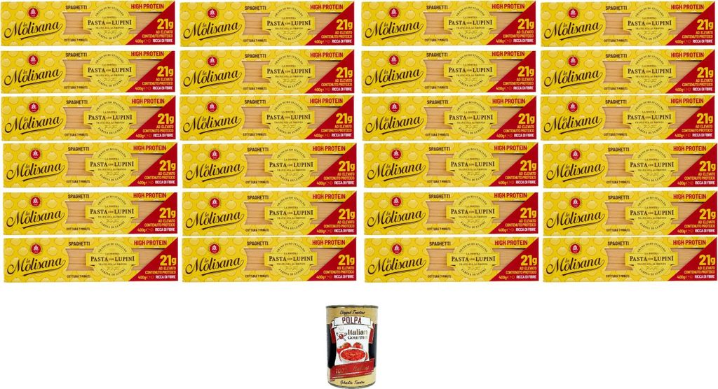 A collage of pasta boxes and a can of tomatoes.