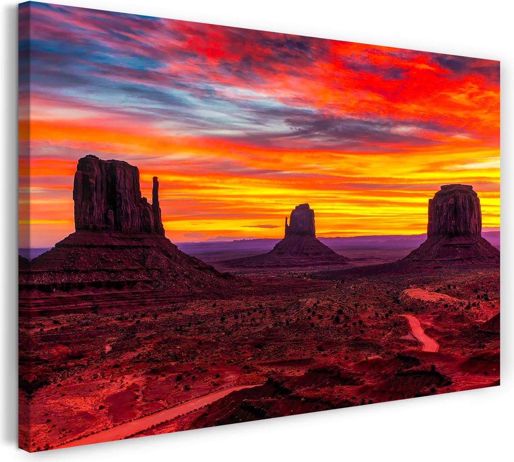 Leinwandbild (120x80cm): Landschaftsbilder Rocky Mountains unter rot schimmerndem Himmel, echter Holz-Keilrahmen inkl. Aufhänger, handgefertigt in...
