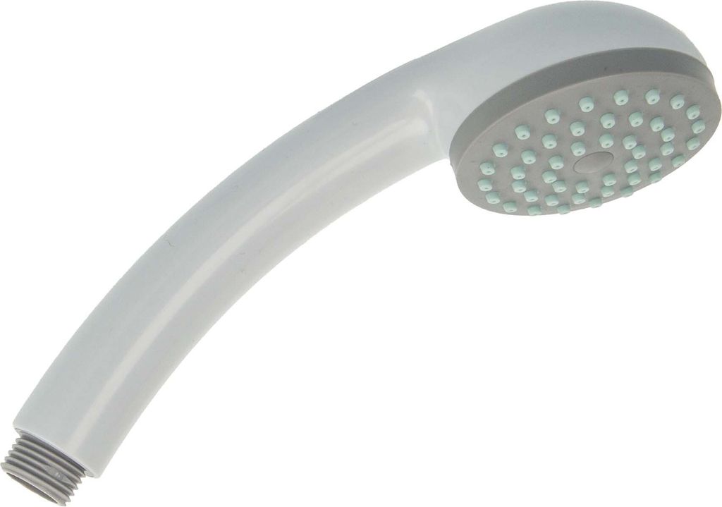 A white shower head with a gray nozzle area and light blue water jets is shown against a white background.