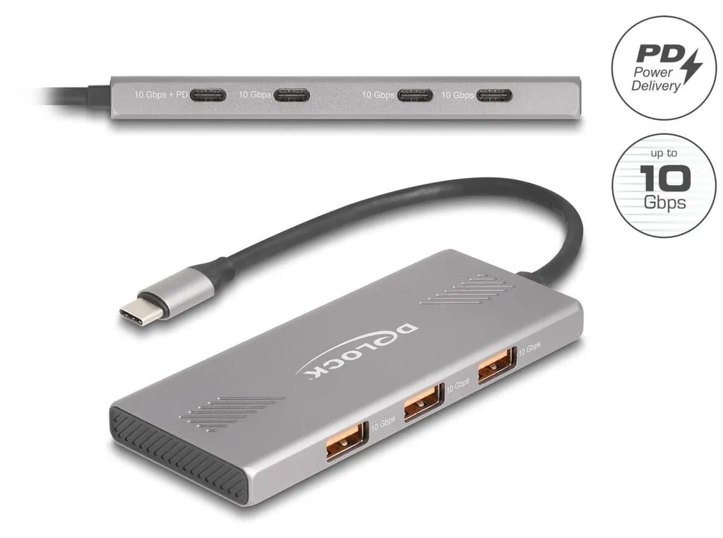 Hub USB 10 Gbps Delock avec 7 Ports et 4 Connecteurs USB-C PD 80W