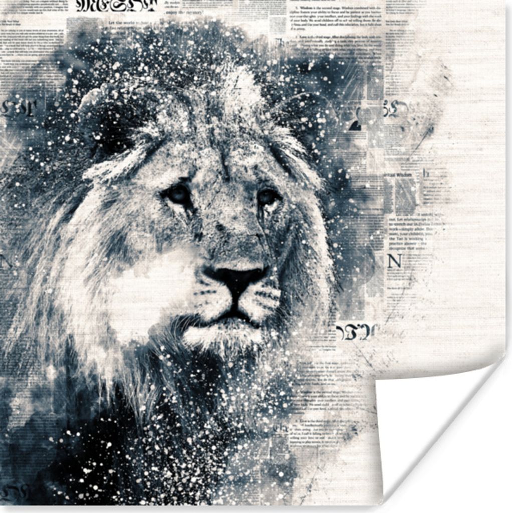 MuchoWow Poster Löwe - Zeitung - Blau 100x100 cm - Babyzimmer
