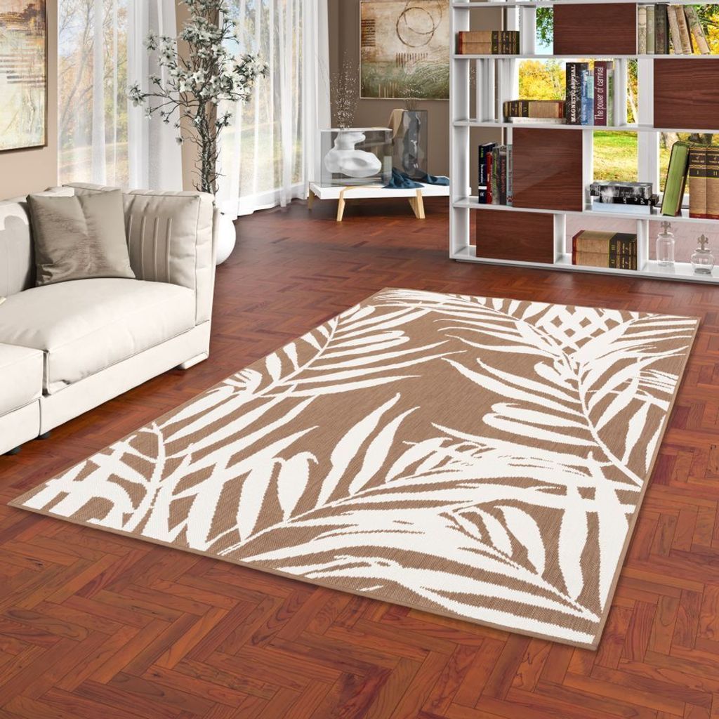 In- und Outdoor Teppich Beidseitig Cape Cod Blätter Beige Creme, Größe:200x280 cm