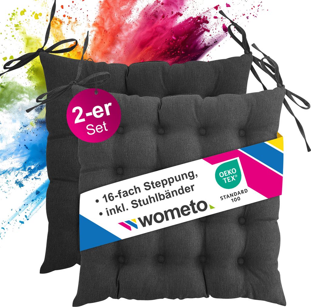 2er Set Sitzkissen Stuhlkissen 40x40 OEKO-TEX - dunkelgrau Sitzauflage Bank Polster Sitzpolster mit Bändern / Schleife, Indoor / Outdoor