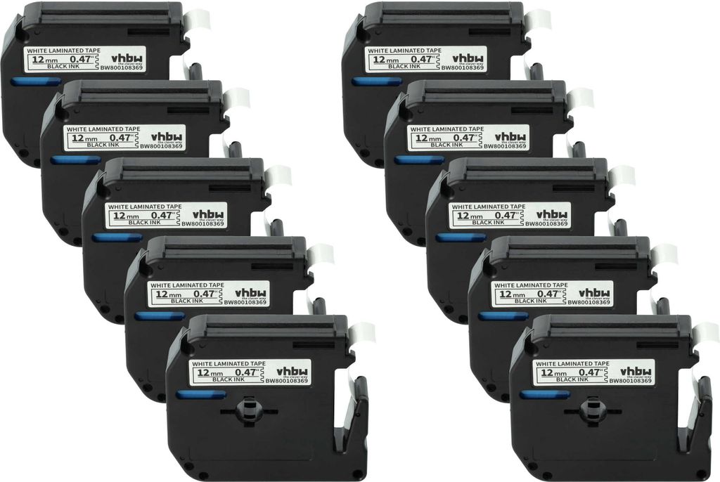 vhbw 10x Schriftband-Kassette kompatibel mit Brother P-Touch 80SCCP, BB4, 90, 70SR, 80, 85 Etiketten-Drucker 8m x 12mm Schwarz auf Weiß, Kunststoff