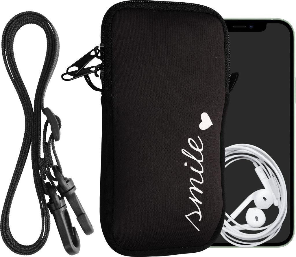 kwmobile Handytasche für Smartphones XL - 6,7/6,8" - Neopren Handy Hülle Weiß Schwarz - Handy Tasche mit Kette 17,2 x 8,4 cm Innenmaße - Smile ...