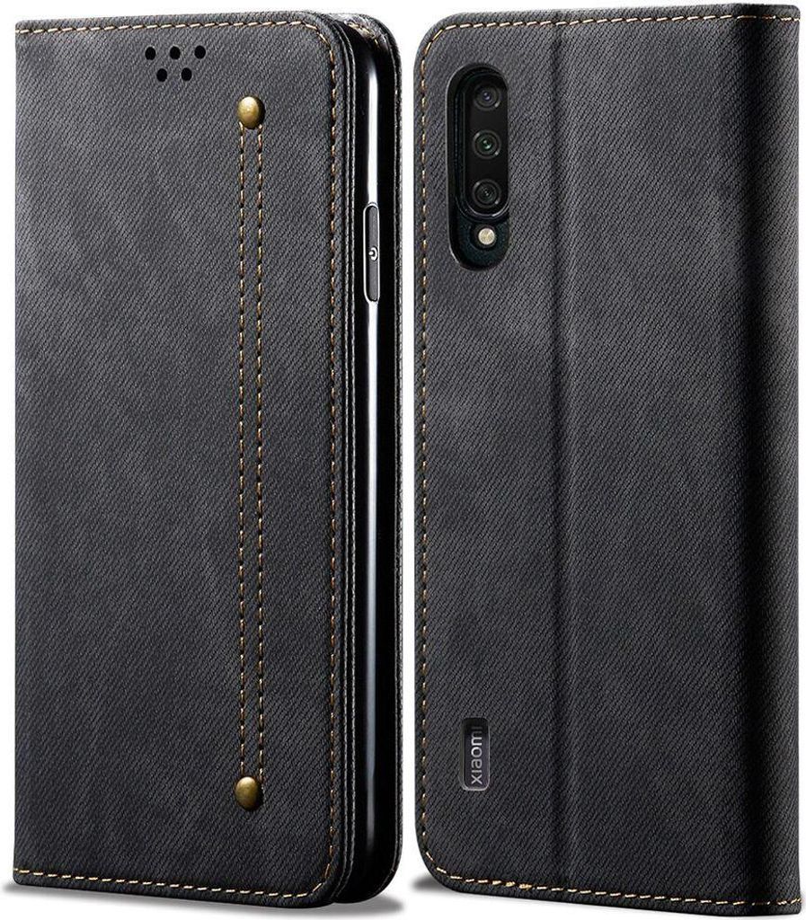 A black flip-style phone case with a denim texture and stitching detail, shown from the front and back.