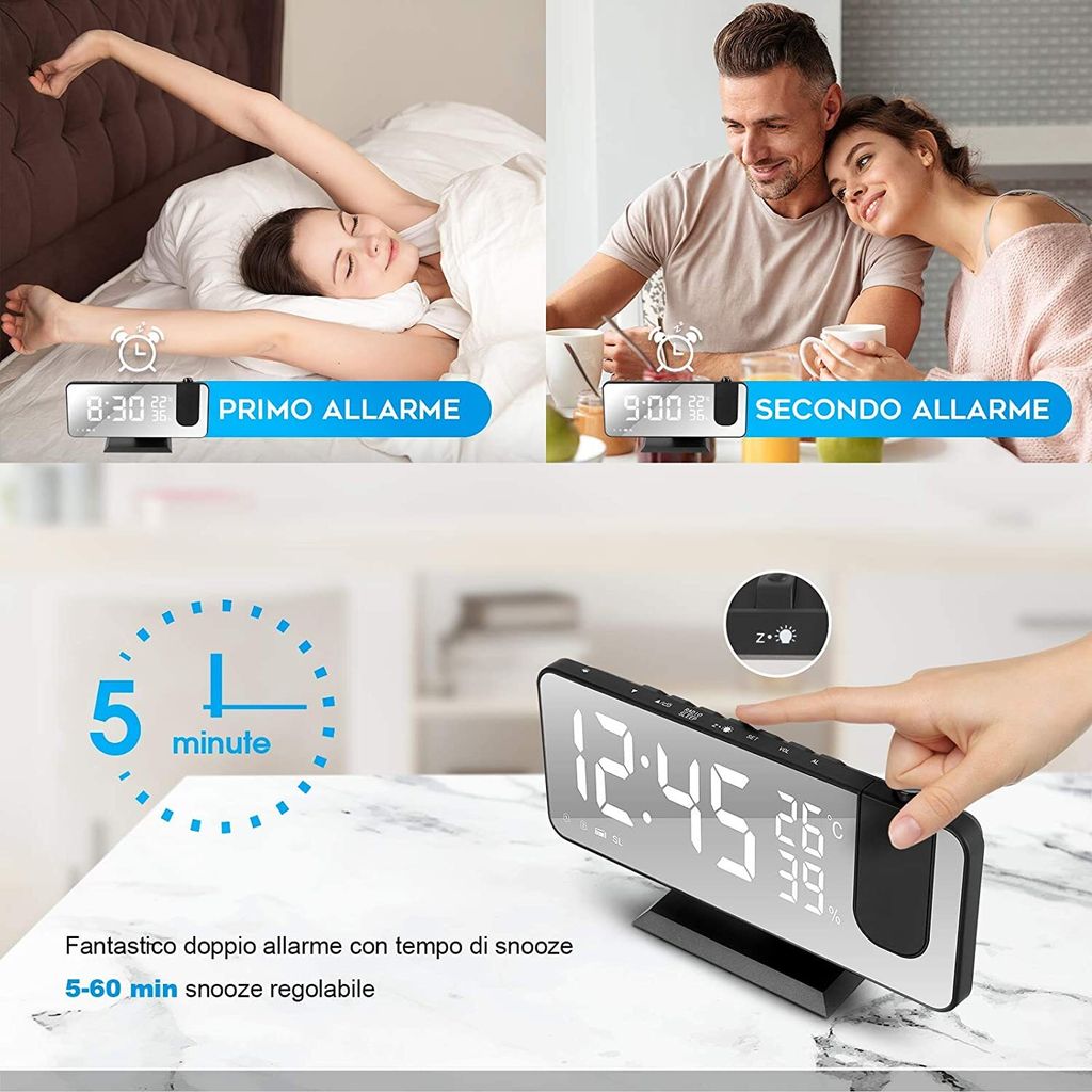 Projektionswecker, Led Digital Wecker mit Projektion 180 °,