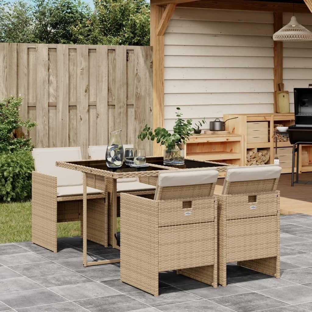 Design 5-tlg. Garten-Essgruppe mit Kissen Beige Poly Rattan, Gartenmöbel-Sets 2024 Neu