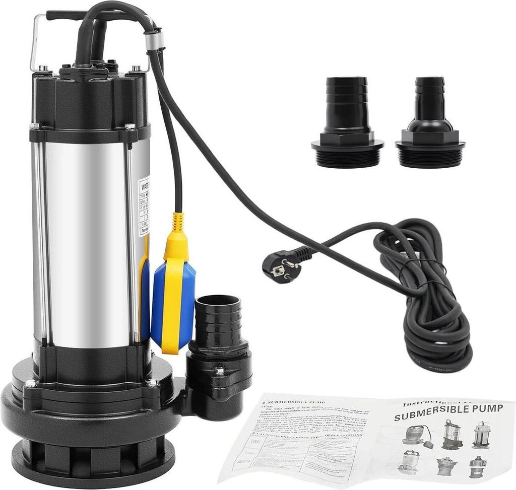 Abwasserpumpe Edelstahl - Tauchpumpe - 1,5 kW (2 PS) - 36 m³/h Fördermenge - 22 m Förderhöhe - IP68 - 5 cm Anschluss - 220 V EU-Stecker - Schwarz