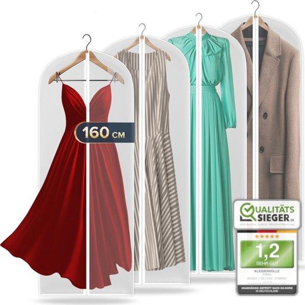 Lang transparente Kledingbeutel 160 cm für Mäntel, Jacken und Abendkleider - Mottenbeständig, atmungsaktiv und wasserdicht - Hochwertige Kleding...