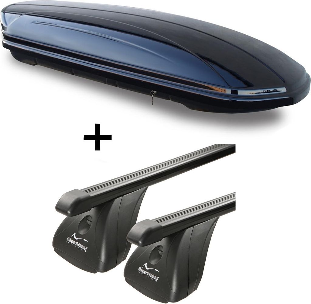 Dachbox VDPMAA460 460Ltr schwarz glänzend abschließbar + Stahl Dachträger Aurilis VDP kompatibel mit für VW Golf VI (3Türer) 2008-2012