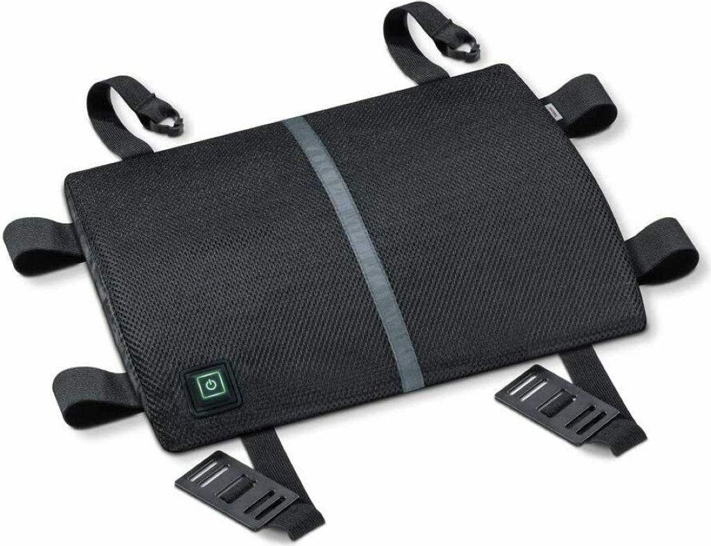 A black heated back support cushion with straps and a power button is shown on a white background.