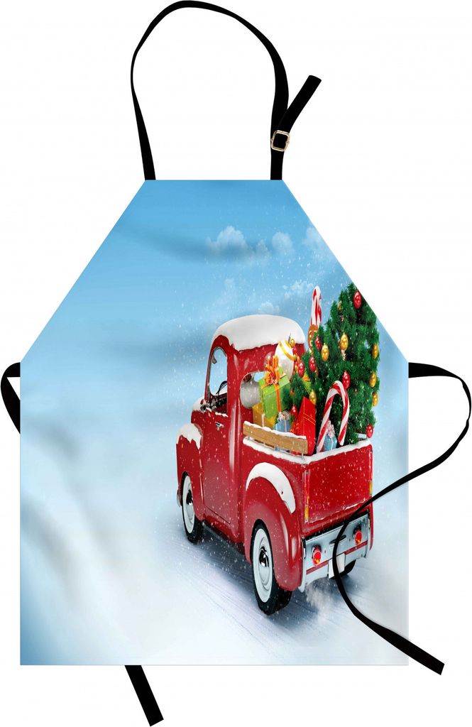 ABAKUHAUS Weihnachten Kochschürze, Roter klassischer Kleintransporter mit Baum-Geschenken und Verzierungen Snowy-Winter-Tagesbild, Farbfest Höhen...