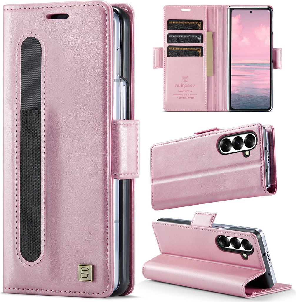 Lederhülle für Samsung Galaxy Z Fold 7, RFID Schutz Handyhülle mit Magnetverschluss, Kartenfächern und Ständer Pink