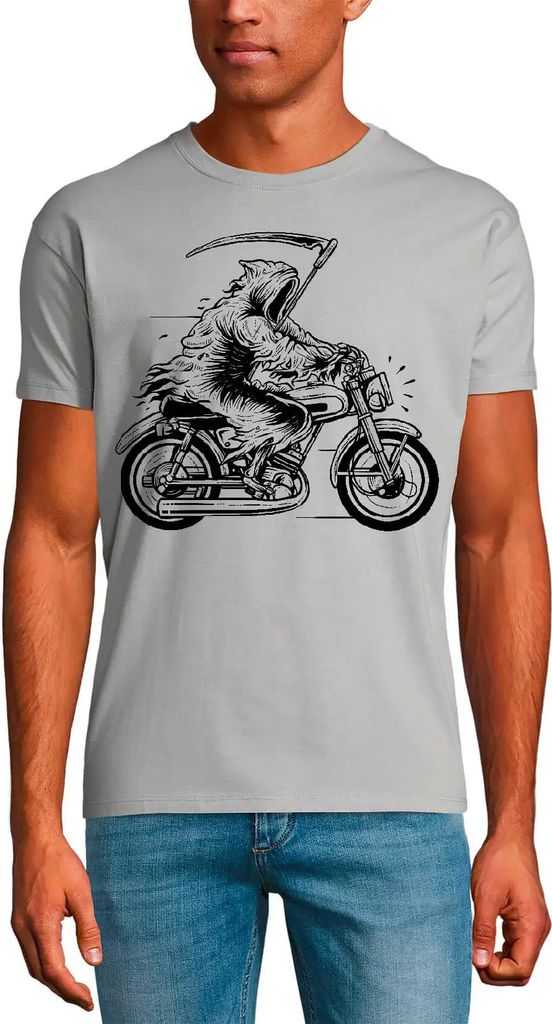 Herren Grafik T-Shirt Sensenmann auf Motorradrenner – Crim Reaper On Motorcycle Racer – Öko-Verantwortlich Vintage Jahrgang Kurzarm Lustige Druck