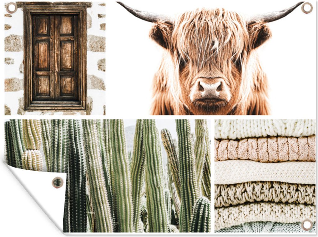 MuchoWow 40x30 cm Outdoor-Poster Gartendeko Sichtschutz Garten Poster für den Garten Schottischer Highlander - Collage - Kaktus - Pullover