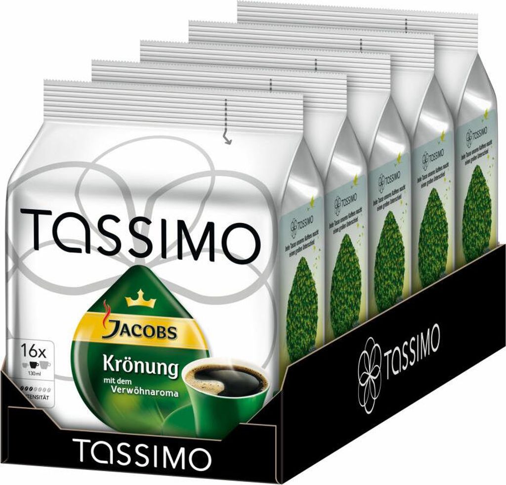 A display box containing multiple packs of Tassimo Jacobs Krönung coffee pods.