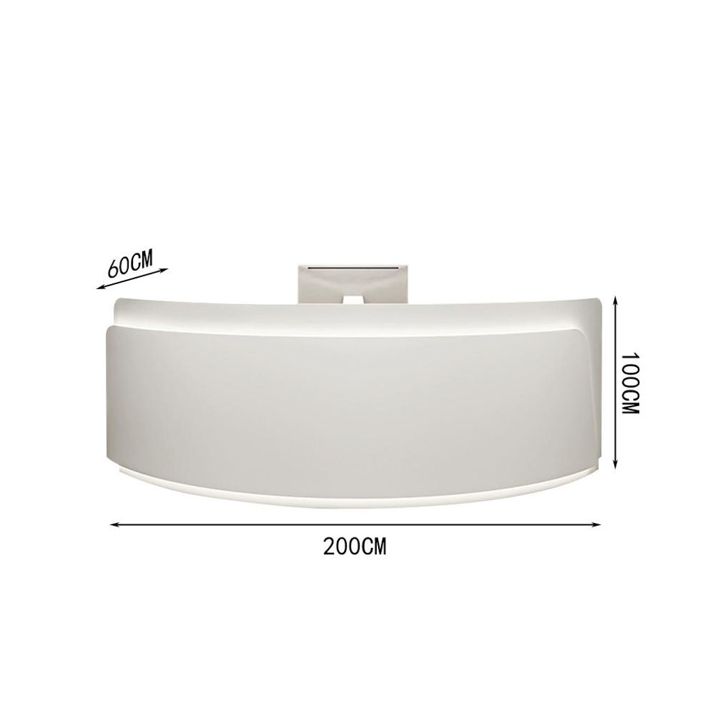 A white reception desk with dimensions indicated.