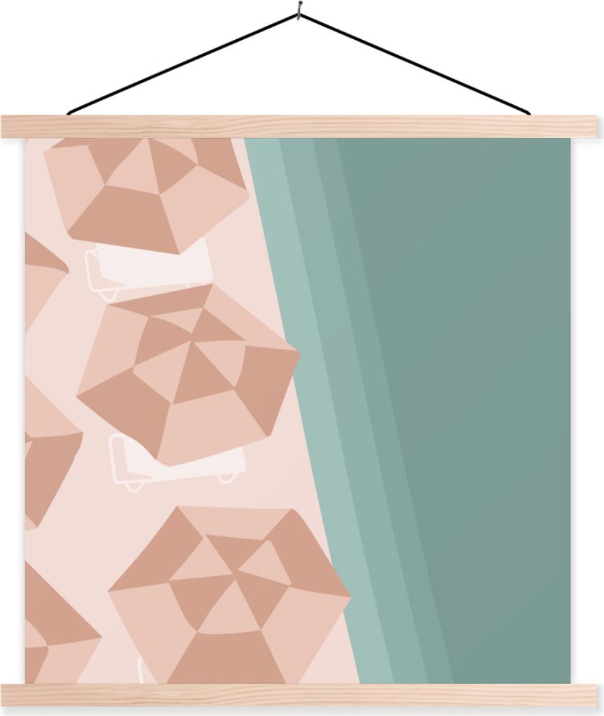 MuchoWow Textilposter Sommer - Sonnenschirme - Meer 120x120 cm mit holzfarbenen Rahmen - Textil-Poster