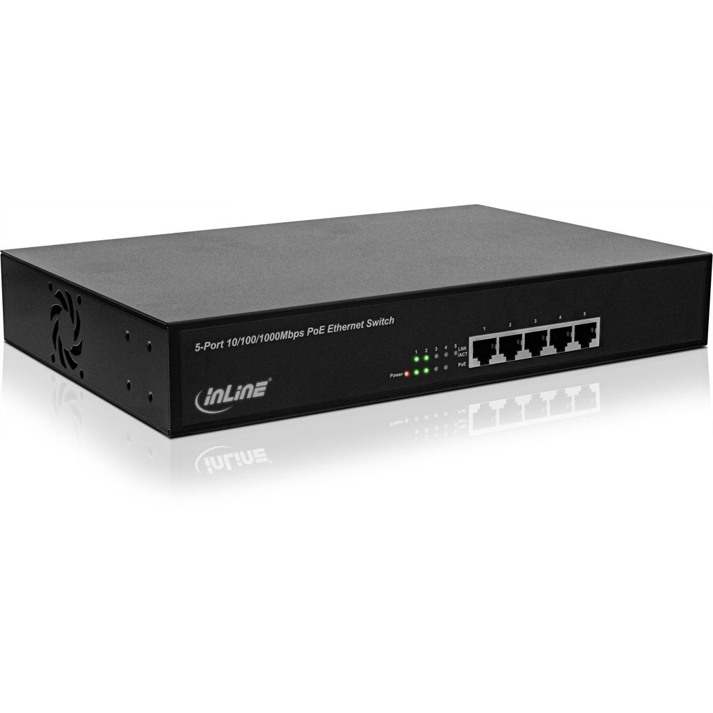 InLine PoE+ Gigabit Switch 5x (4x PoE+), 11" (inkl. 19" Win.), Metall, lüfterl.