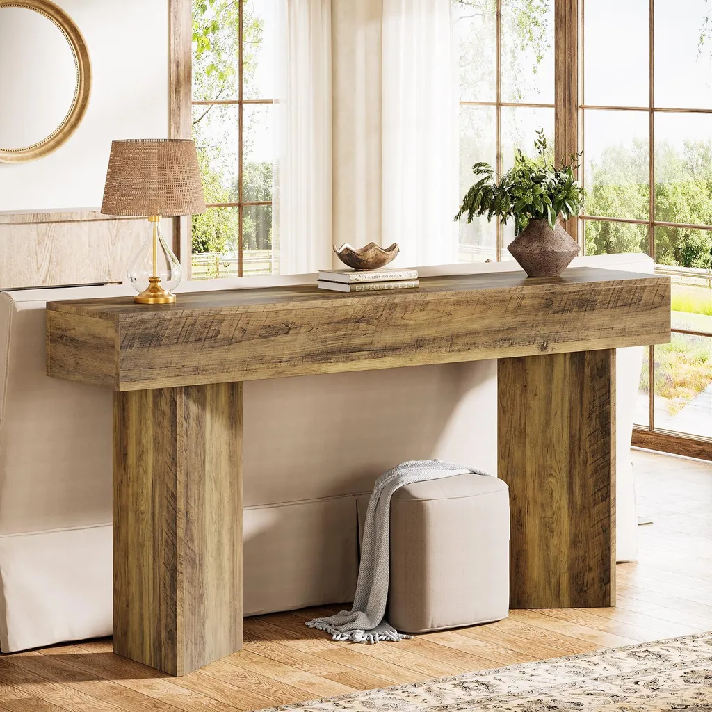 Console d'Entrée Robuste 160 cm, Table d'Accentuation en Bois et Métal