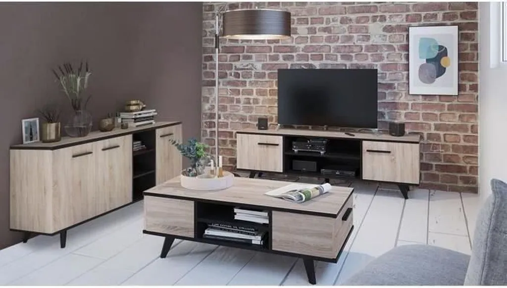 Buffet Scandinave et Table Basse Bicolore Chêne et Noir en Mélamine