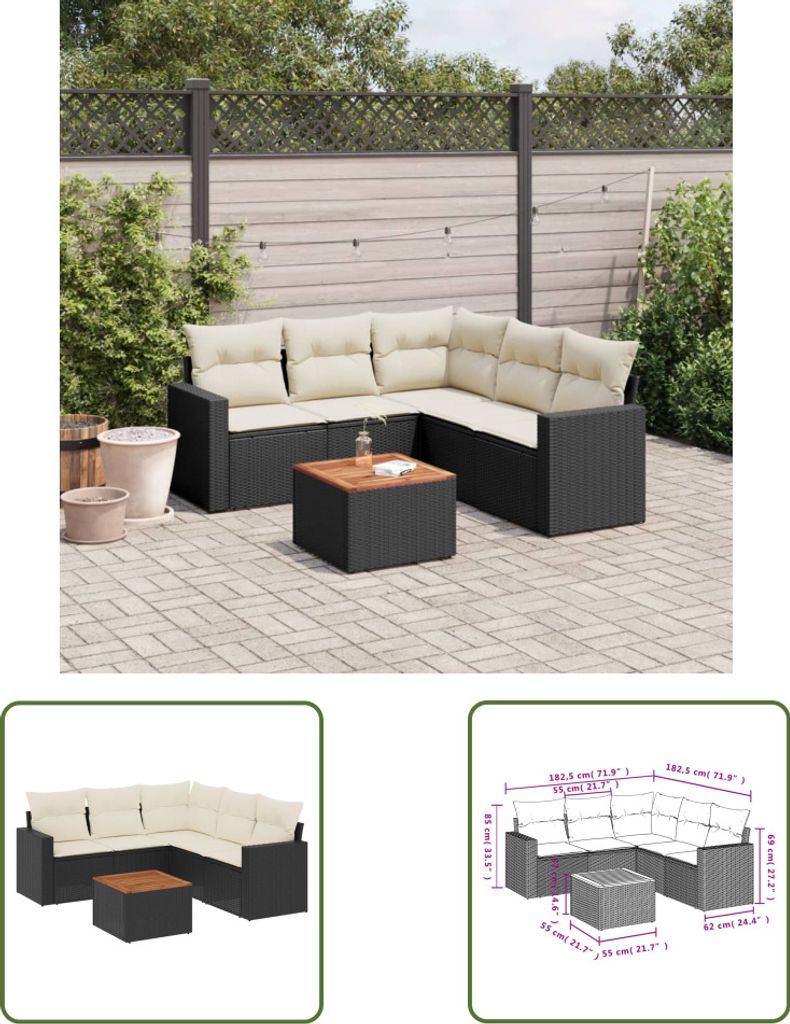 The Living Store 6-tlg. Garten-Sofagarnitur mit Kissen Schwarz Poly Rattan
