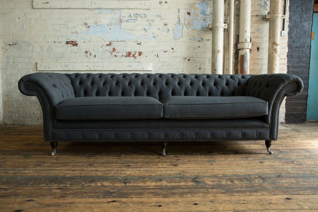 Original Chesterfield Textil Leder Sofa Couch Polster Big Sitzpolster Grau 265cm