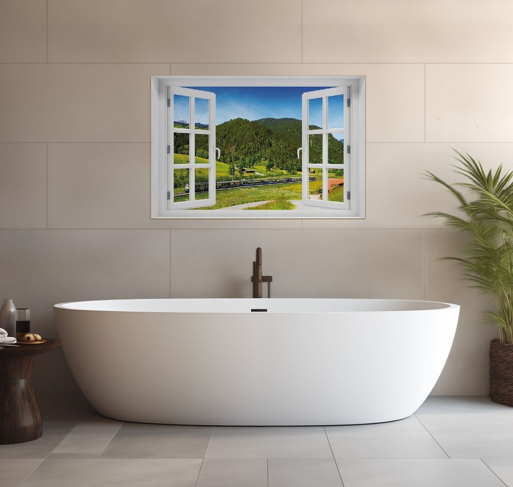 Wallario wasserfestes Poster selbstklebend 91,50 x 61 cm, Eisenbahn in einer Sommerlandschaft in der Schweiz, Badezimmerposter Spritzschutz mit Hoc...