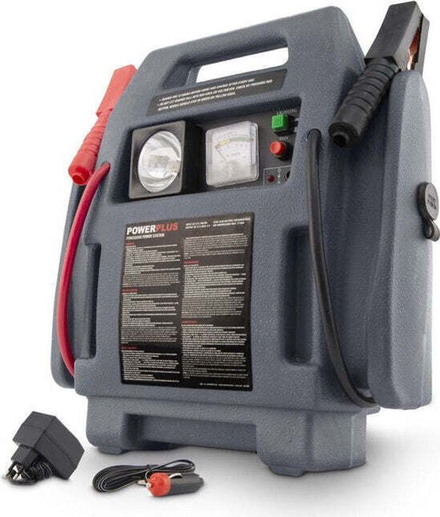 A gray jump starter power station with red and black jumper cables, a flashlight, a gauge, and buttons on a white background.